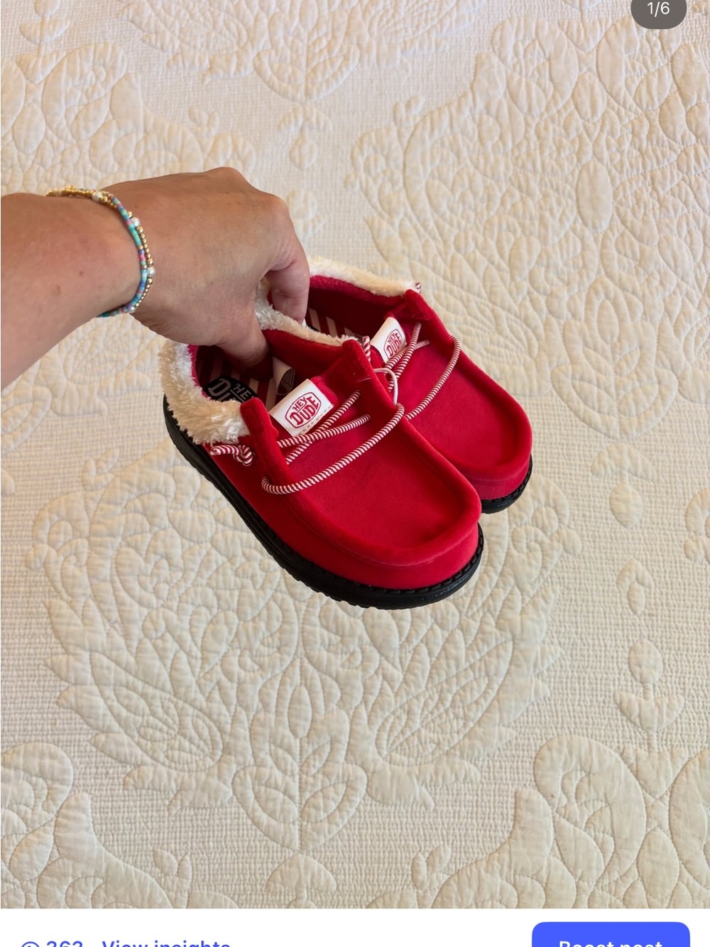 Hey Dude Red Slip-On Kids Slippers with Black Sole Christmas Holiday Santa